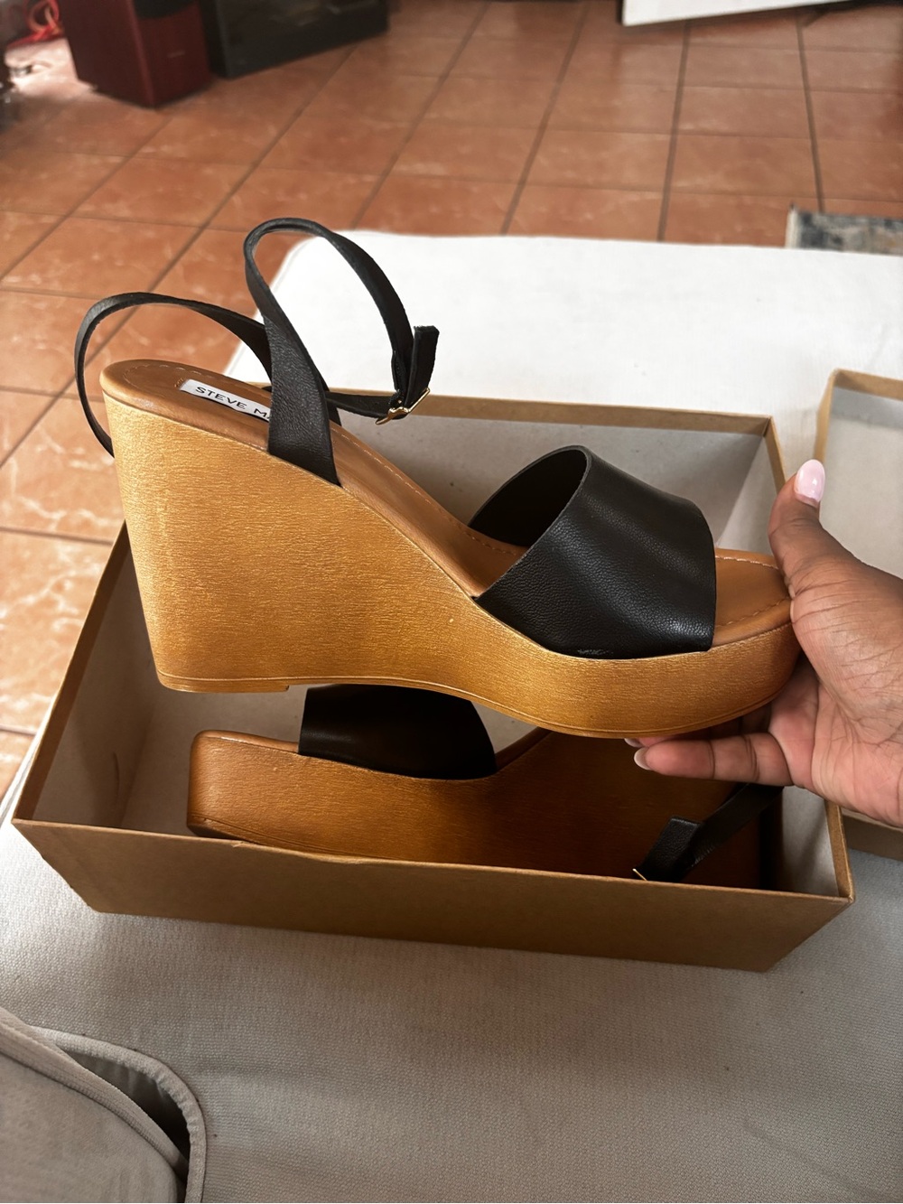 Steve Madden Black Leather Slingback Wedge Sandals with Tan Platform